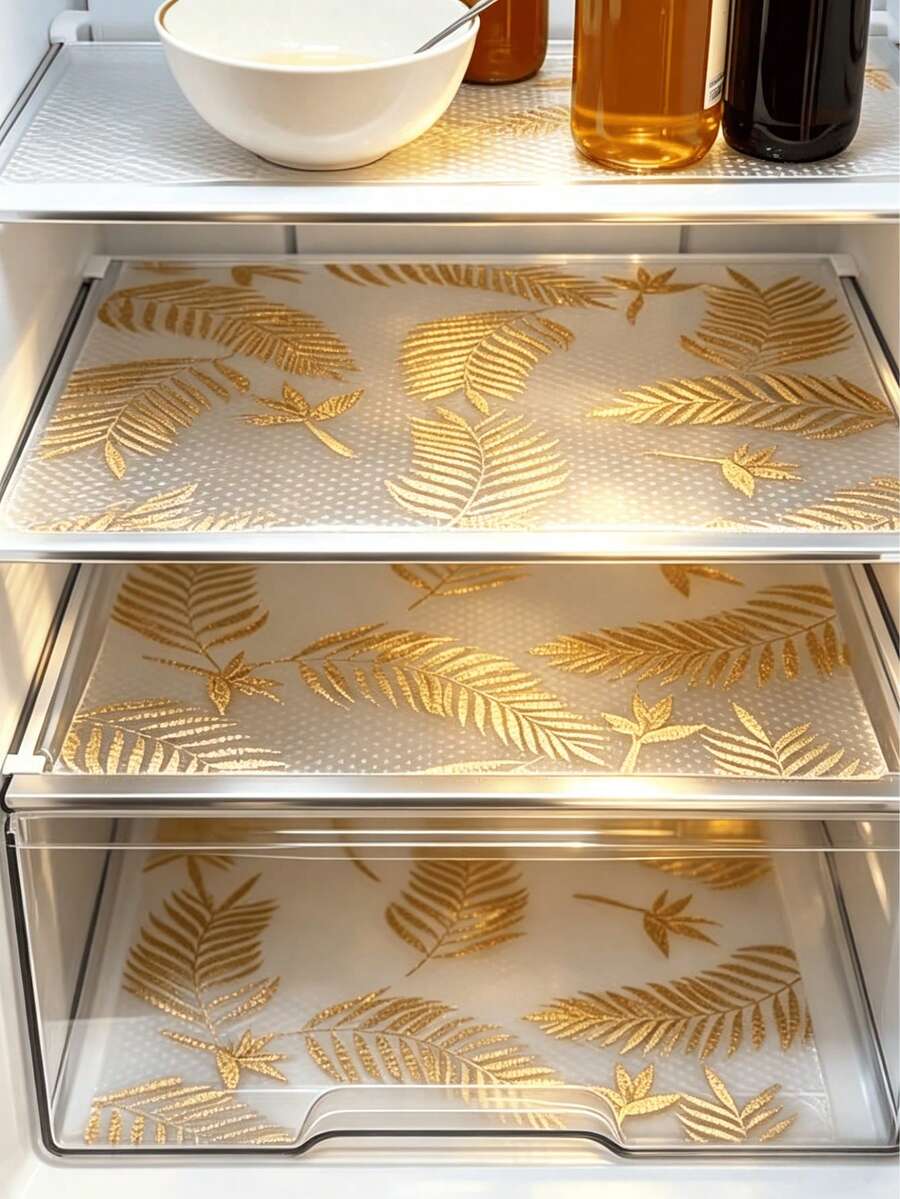 4片装优质冰箱防潮垫 - 可水洗厨房冰箱垫，防潮垫，抽屉垫，创意金箔图案，可定制橱柜和抽屉垫。易于清洁 - 耐用防滑垫，适用于货架、冰箱、橱柜、墙纸、餐桌、厨房配件、储藏室、家居用品。