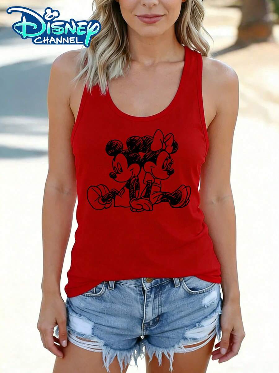 Disney Official Authorization | Women's Casual Crew Neck Sleeveless Tank Top. Features A Hand-Drawn Sketch Print Of Mickey Mouse And Minnie Mouse. This Loose-Fit T-Shirt Is Suitable For Disney Fans Of All Ages, Making It An Ideal Choice For Vacations, Outings, And Daily Casual Wear. - 紅色 - 查看 1