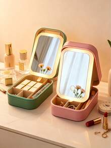 1 Stück wiederaufladbarer Reise-Make-up-Beutel mit 3-Farben-LED-Beleuchtungsspiegel, einstellbare Helligkeit, wasserdichtes Leder, verstellbare Fächer, Make-up-Pinsel-Aufbewahrung, Touchscreen-Schminkspiegel, Schmuck- und Lippenstift-Aufbewahrung, unverzichtbar für Reisen und Schulanfang - Verschiedenfarbig - Übersicht 2