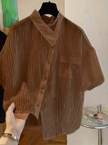 Women's Fashion Summer Casual Blouse, Shirt Collar, Asymmetric Hem, Front Button Closure, Woven Fabric - Coffee Brown - View 2