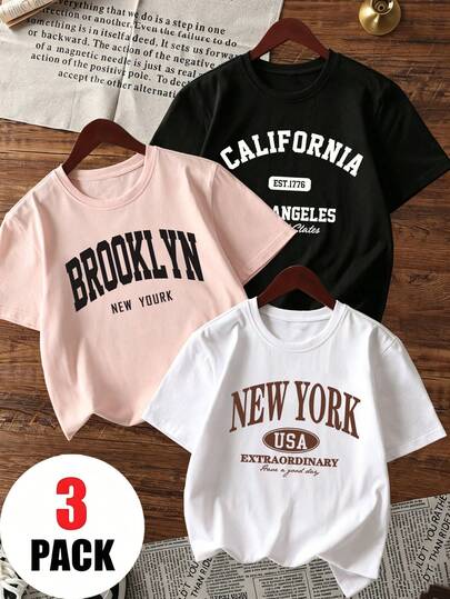 3pcs Tween Girls' Printed T-Shirts, Soft & Comfortable Fabric, Suitable For Outdoor Sports, Casual Daily Wear, Street & Campus Style, Fashionable For Spring/Summer