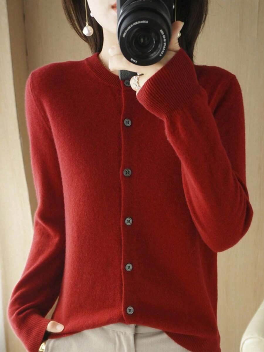 Cárdigan de Punto Dama Cuello Redondo Unicolor con Botones Moderno y Cómodo - Rojo - Ver 1