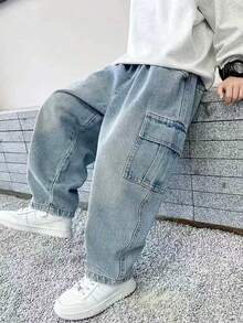 Straight Leg Casual Denim Jeans, Suitable For Toddlers, Street Style - Blue - View 1