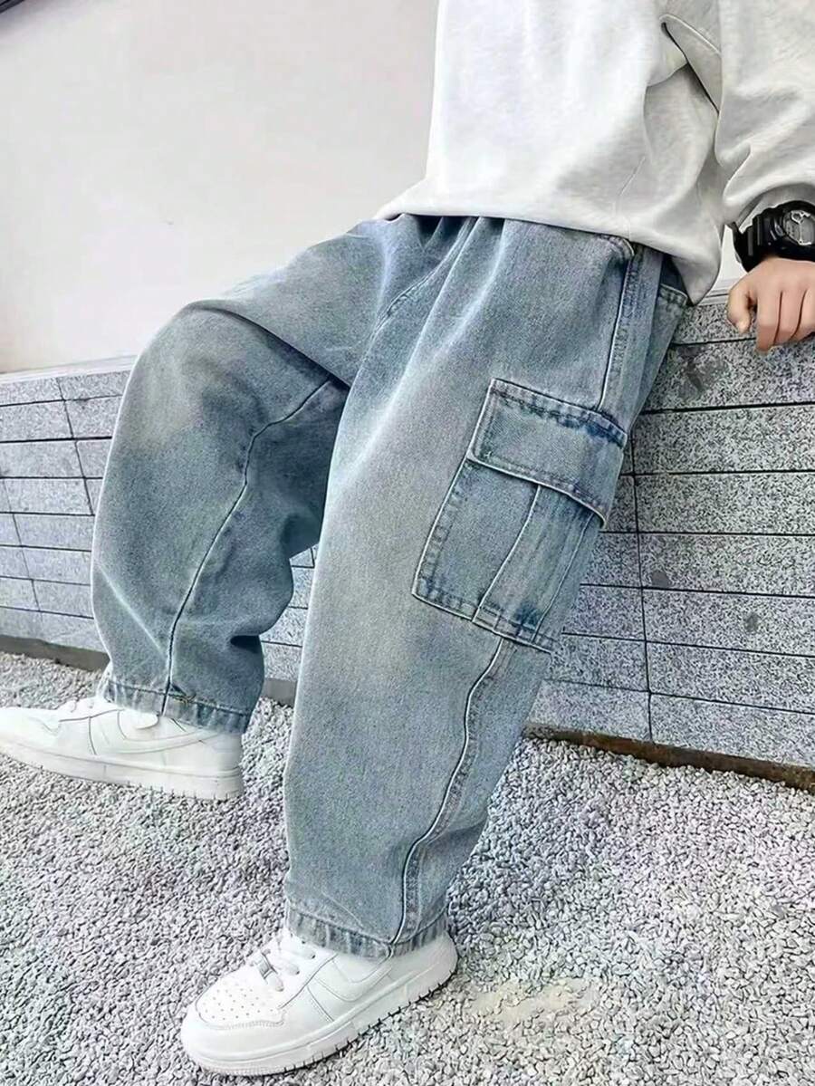 Straight Leg Casual Denim Jeans, Suitable For Toddlers, Street Style - Blue - View 1