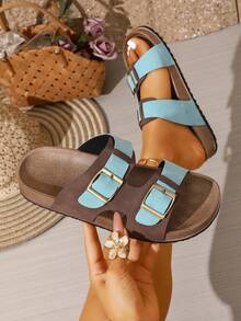 Women's Solid Color Beach Strap Slippers, New Fashion Sandals With Metal Double Buckle, Casual Versatile Outdoor Slides, Soft Retro Slip-On Loafers - Chocolate and Blue - View 12