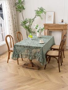 1pc Elegant French Floral Lace Trim Tablecloth, Fresh Decor For Dining Table, Holiday - Green - View 6