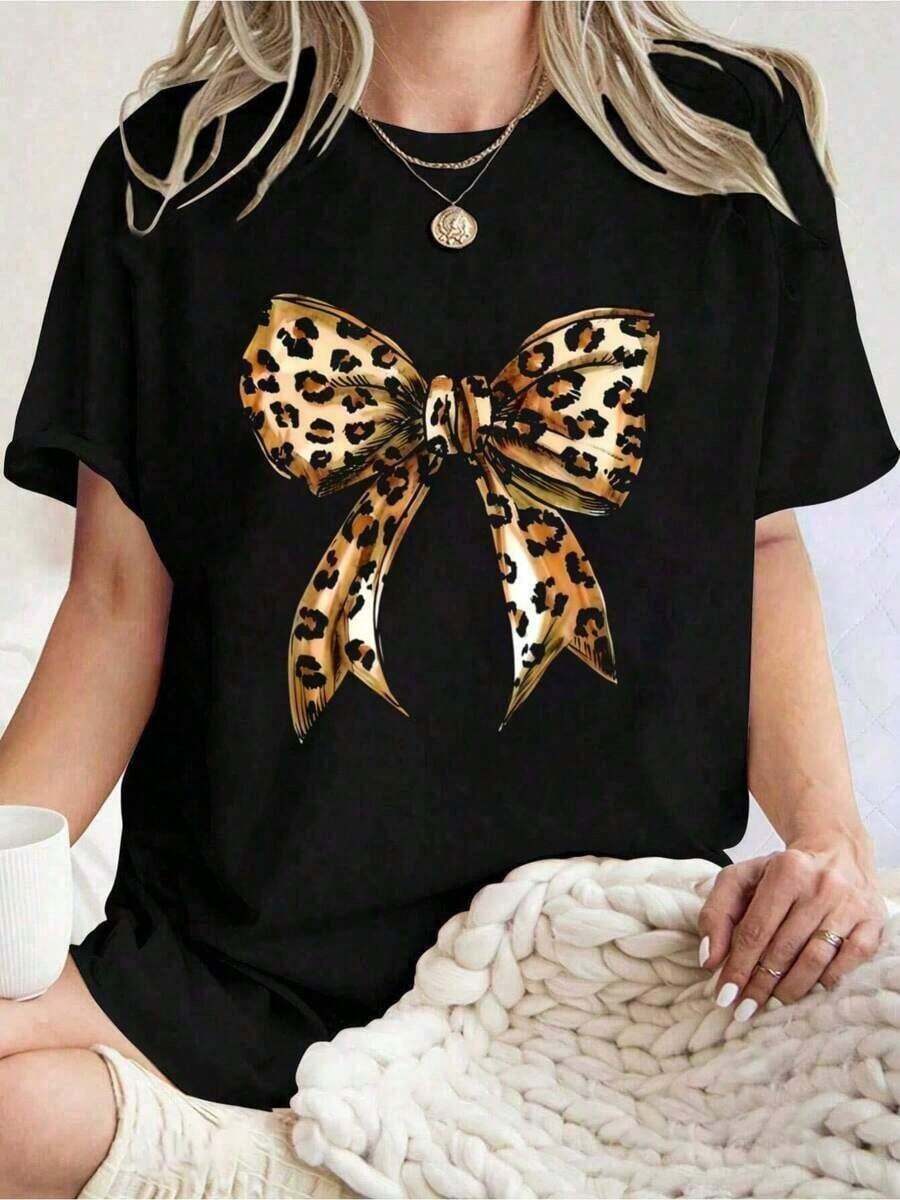 100% Cotton Coquette Leopard Print Bow Cute Girly Girl Bow Print T-Shirt, Short Sleeve Crew Neck Casual Top For Summer & Spring, Women's Clothing Western Graphic Tees Men Clothes Camisas Para Hombre Graphic Tees Women Clothes Summer Tops Summer Clothes Graphic Tee Shirts - màu đen - Xem 1