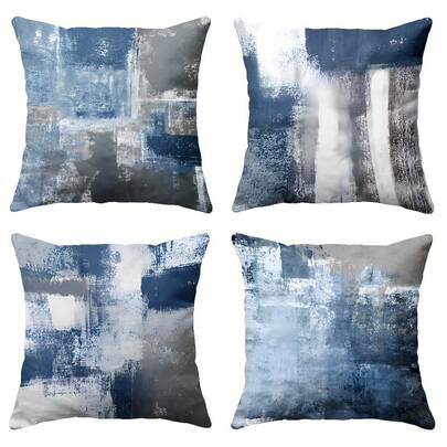 4pcs Blue & Gray Abstract Art Decorative Throw Pillow Covers 18"X18", Modern Stylish Cushion Covers For Bedroom Sofa Living Room (Double-Sided Printing, Pillow Inserts Not Included)