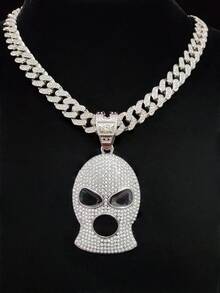 1pc Creative Mask Shaped Pendant & 1pc Fully Rhinestoned Glass Cuban Chain, Men's Hip Hop Mask Pendant Necklace, Fashionable Retro Punk Jewelry, Suitable For Daily Wear Or Parties, 2 Chain Options Available - Silver - View 2