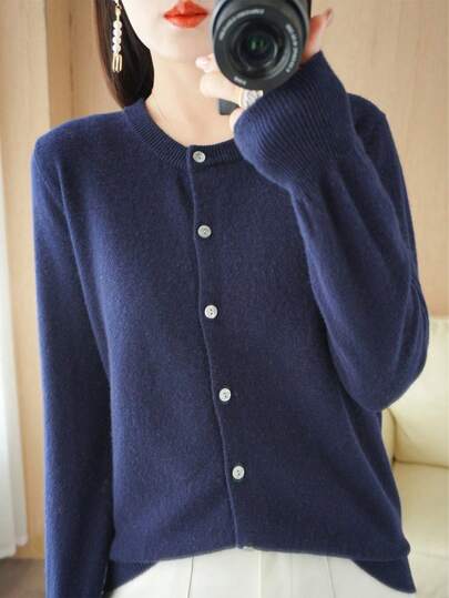 Cárdigan de Punto Dama Cuello Redondo Unicolor con Botones Moderno y Cómodo