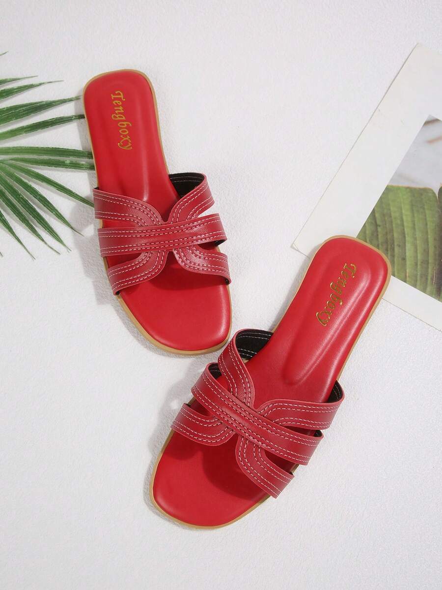 New Fashion Square Toe Flat Sandals For Women - Red - View 1