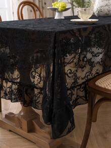 1pc Elegant French Floral Lace Trim Tablecloth, Fresh Decor For Dining Table, Holiday - Black - View 7