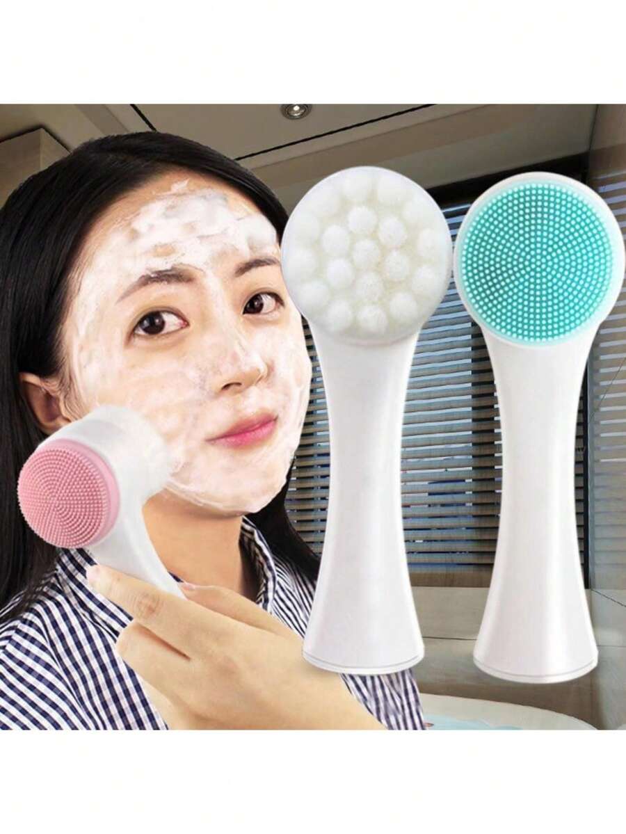 1 Soft Cleansing Brush, Ultra-Fine Fiber Bristles+Silicone Brush Head, Double-Sided Use. Facial/Body Massage Cleaning Brush - Deeply Cleanses Pores, Removes Dirt, And Creates Smooth Skin; Facial Pore Cleaning Brush - Portable, - Multicolor - View 1