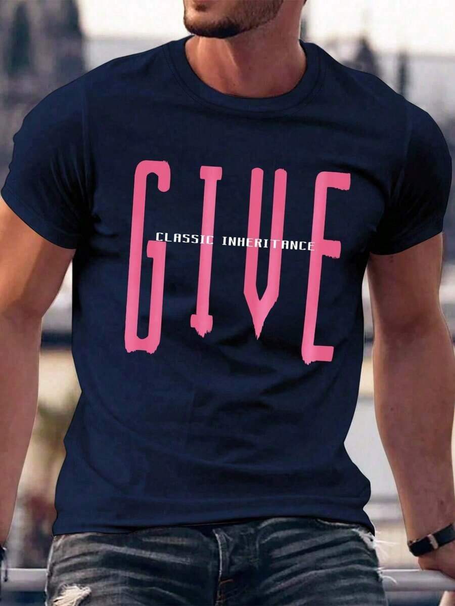 Men's Graphic Letter T-Shirt - 藍色和黑色 - 查看 1