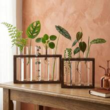1 buah Bingkai Kayu Solid Alami Dekoratif Minimalis Modern Gaya Boho Rustic Farmhouse yang Kokoh dan Tahan Lama dengan Tabung Uji Plastik Transparan Anti Pecah yang Dapat Dilepas, Vas Stasiun Perbanyakan Tanaman Hidroponik Gaya Nordik, Desain Bingkai Persegi Panjang Cokelat Tua - A - View 4