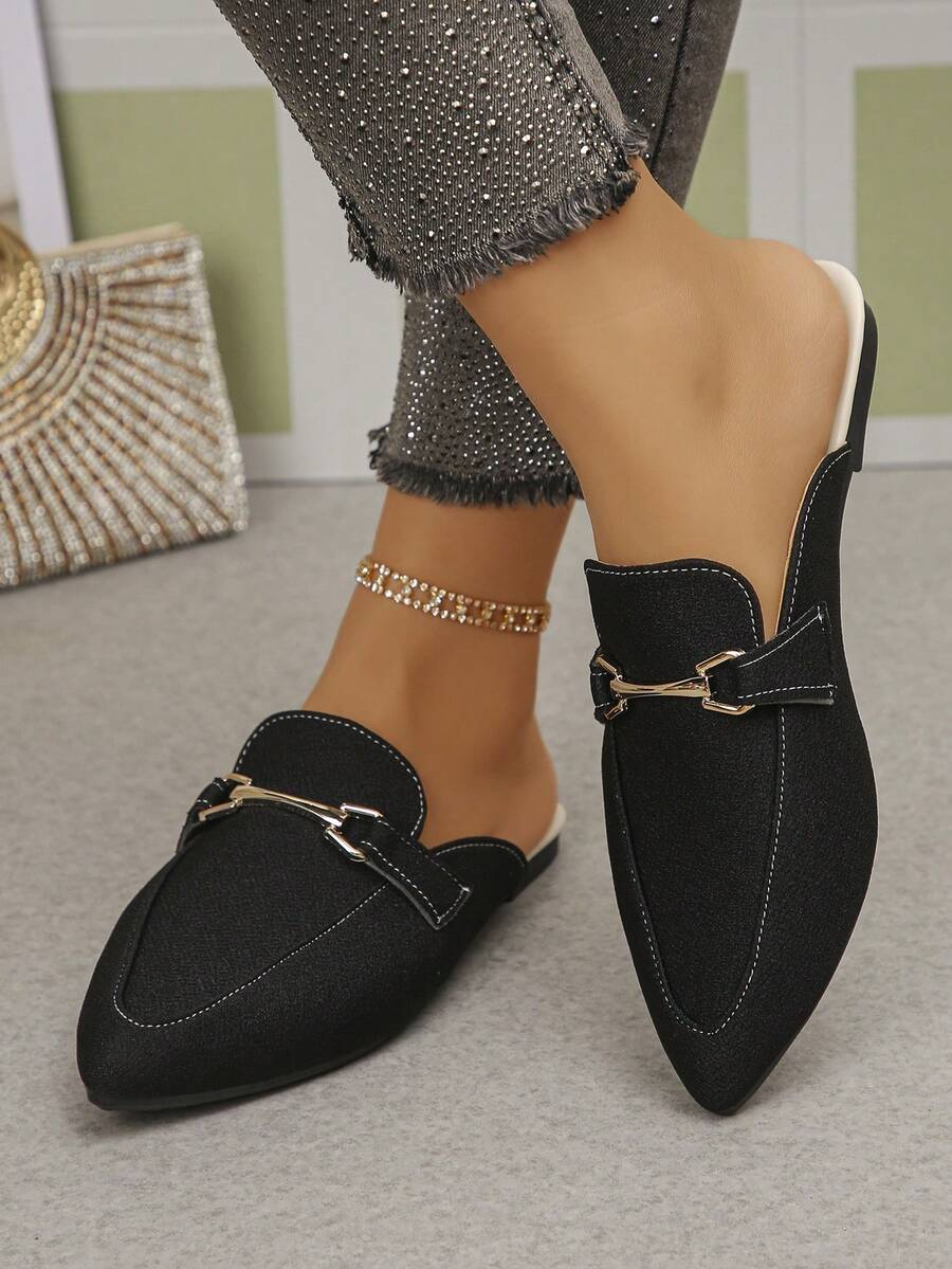 Women's Plus Size 35-45 Pointed Toe Slip-On Mules, Retro Casual Comfortable Soft Sole Loafers, Suitable For Daily Wear, Workplace, All Seasons, Black Fabric Textured - One-Piece Metal Toe Sandals