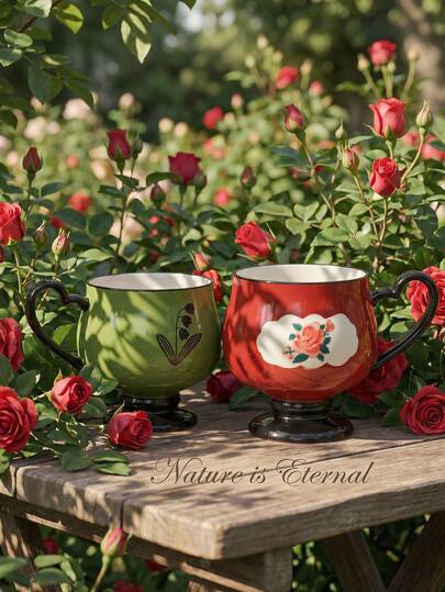 DearDali 1pc 320ml Vintage Floral Handpainted Ceramic Mug, High-Temperature Thickened, French Countryside Style, Contrasting Red & Green Rose & Lily Pattern, Round Ball-Shaped Body, Black Heart-Shaped Handle & Pedestal Base, Heat-Insulating, Easy To Clean, Great For Afternoon Tea, Couple's Daily Use, Breakfast Coffee, Photoshoot