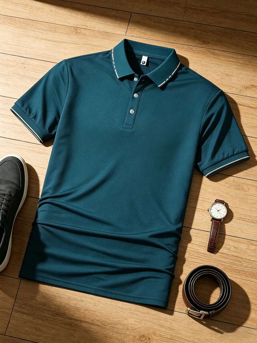 1件男士夏季短袖 Polo 衫，鈕扣門襟領，適合商務通勤、高爾夫、休閒聚會 - 孔雀藍 - 查看 1