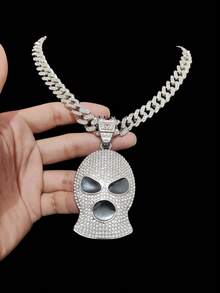 1pc Creative Mask Shaped Pendant & 1pc Fully Rhinestoned Glass Cuban Chain, Men's Hip Hop Mask Pendant Necklace, Fashionable Retro Punk Jewelry, Suitable For Daily Wear Or Parties, 2 Chain Options Available - Silver - View 6
