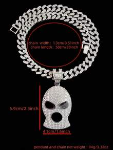 1pc Creative Mask Shaped Pendant & 1pc Fully Rhinestoned Glass Cuban Chain, Men's Hip Hop Mask Pendant Necklace, Fashionable Retro Punk Jewelry, Suitable For Daily Wear Or Parties, 2 Chain Options Available - Silver - View 7