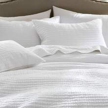 King Size Quilt Set - 100% Cotton, White Striped Pick Stitch, Soft Lightweight Bedspread, Linen-Like Texture, Farmhouse Rustic Coverlet, Shabby Chic Gauze Bedding, 3 Pieces - White - View 2