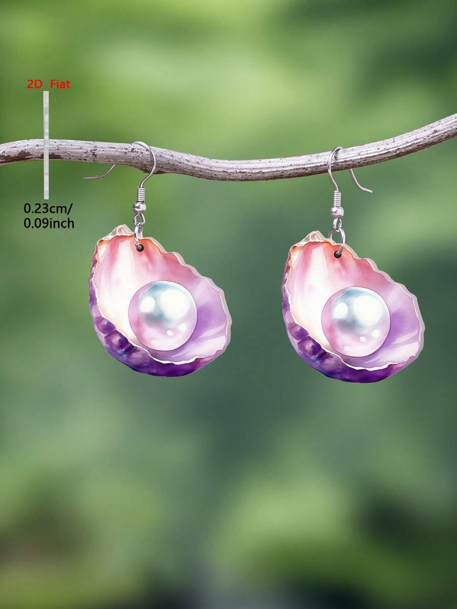1 Paar 2D flache Cartoon Meerestier Farbverlauf Muschel Muster Acryl Ohrringe, minimalistischer Cartoon Stil Schmuck Ohrringe für Frauen, geeignet für den täglichen und Urlaubsgebrauch - Violett - Übersicht 1