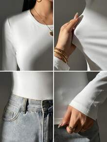 Camiseta de manga larga de algodón ajustada casual para mujer para uso diario otoño&invierno, ropa de otoño invierno para mujer, linda, para salir, top blanco - Blanco - Ver 6