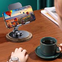 1 PC Adjustable Cell Phone Stand,360 Rotating Foldable Desktop Cellphone Stand With Anti-Slip Base Portable Phone Holder For IPhone 16 15 14 13 Pro Max, All Smart Phones(Wood) - Black - View 2