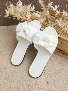 1 Pair Plus Size Women's Flat Slippers, Solid Color Silk Bow Sparkling Rhinestone Round Toe Cute Roman Style Sandals, Suitable For Vacation, Casual, Party, Summer Beach - White - View 2