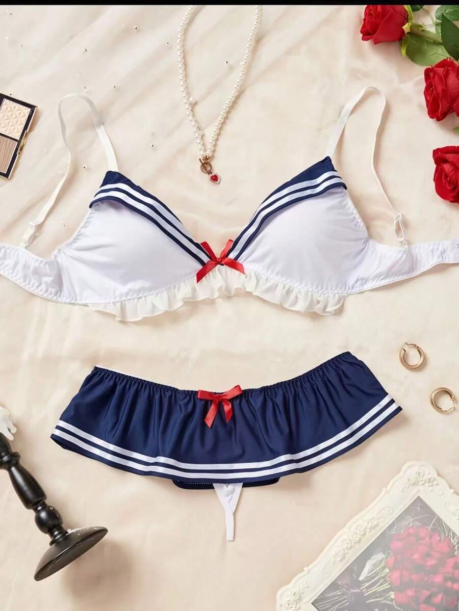 日式藍白水手服體操套裝,純真可愛學生制服性感比基尼海軍套裝 - 白色 - 查看 1