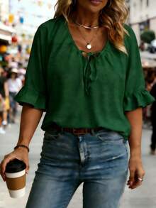 Plus Size Women Elegant Solid Color Knotted Ruched/Ruffle Trim Casual Tops Summer - Green - View 4