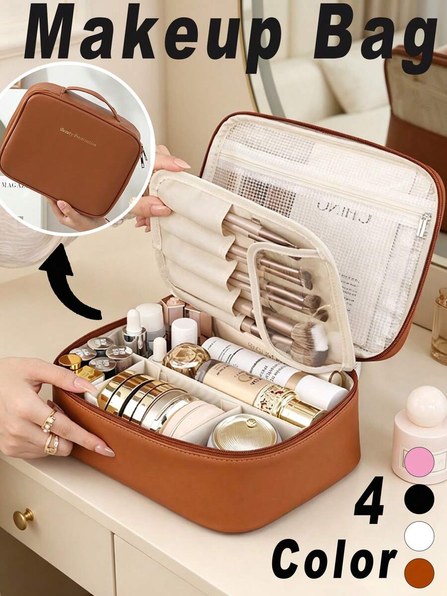 1个高品质PU皮革化妆包，双层旅行化妆包，防水浴室洗漱收纳袋，旅行配件，旅行必备品，假日旅行必备，情人节，生日，毕业典礼，伴娘，母亲节礼物，卧室装饰，浴室装饰，婚礼装饰