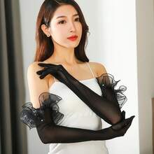 Lace Pearl Black Silk Perspective Wedding Dress Long Gloves Women Sunscreen Sleeves Summer Outdoor Driving Mittens - Ngọc trai trắng - Xem 3