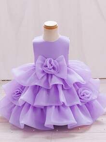 KAFEIBEI Baby GirlCute Floral Sleeveless Fluffy Cake Dress, Suitable For Party, Banquet, 1st Birthday Princess Dress - Mauve Purple - View 2