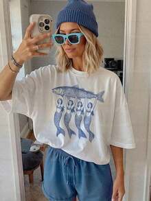 Women's 100% Cotton T-Shirts 2026 Sardine Mermaid T-Shirt Sardine Graphic T-Shirt Coastal Aesthetic Canned Fish T-Shirt Italian Summer Clothing Funny Oversized T-Shirt Bachelorette Party T-Shirt - White - View 6