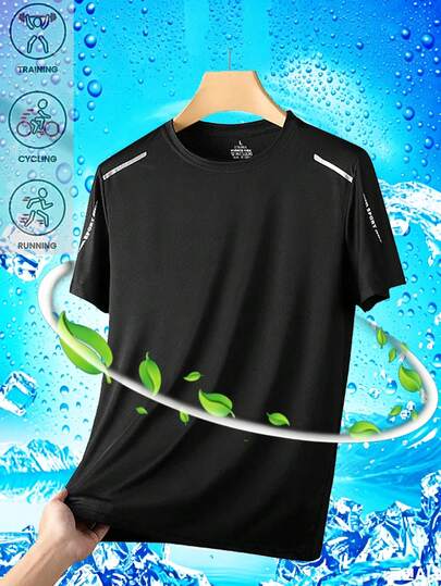 เสื้อยืดแขนสั้นกีฬาผู้ชาย, เสื้อยืดแห้งเร็วแบบยืดหยุ่นสำหรับฤดูร้อน, เสื้อคอกลมพิมพ์ลายตัวอักษร, เหมาะสำหรับฟิตเนส, วิ่ง, ปั่นจักรยาน, แคมป์ปิ้ง, เดินป่า, วันหยุด, ชุดลำลองประจำวัน