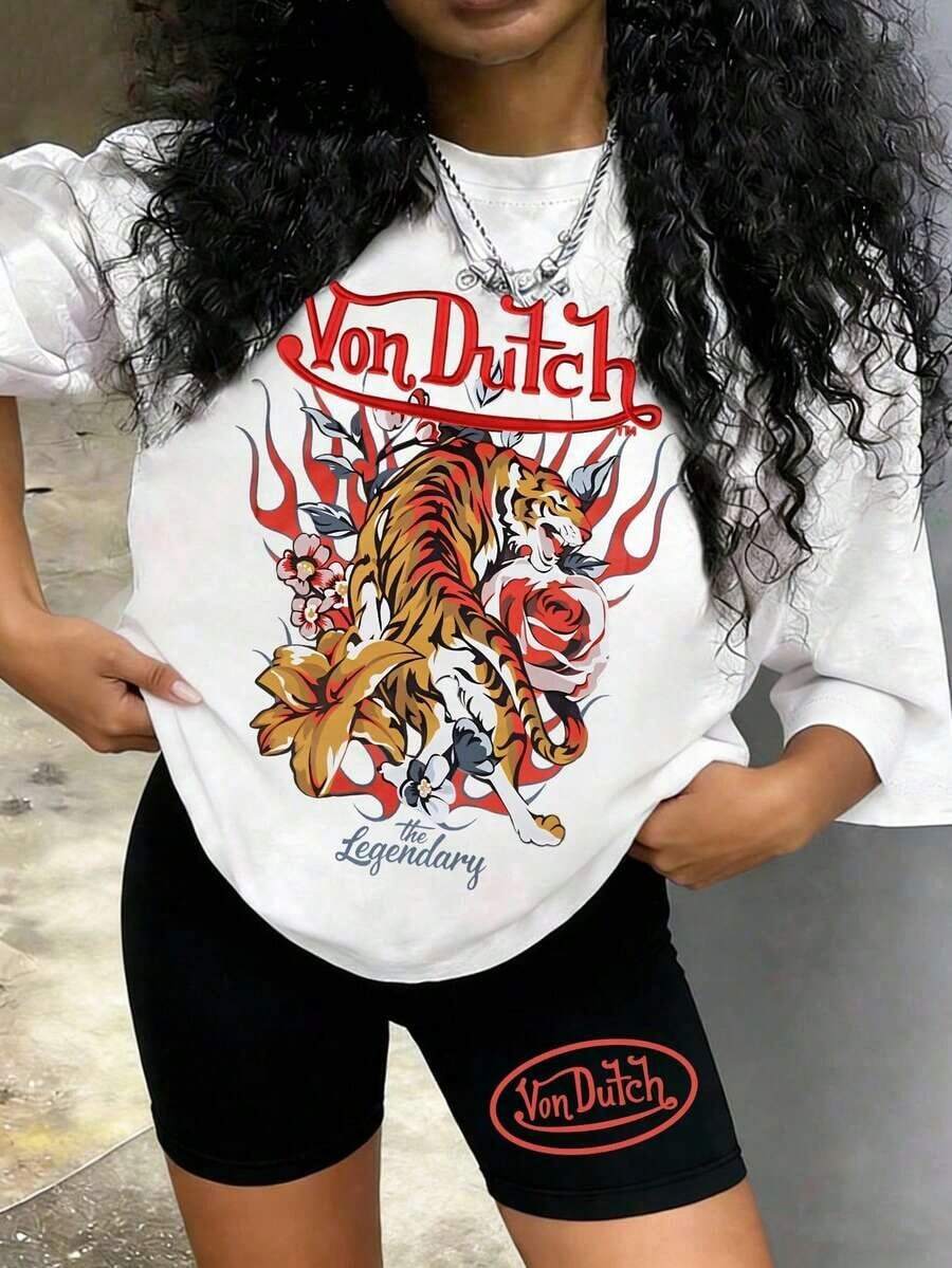 This VONDUTCH Women's Top Features The VONDUTCH Logo And Cartoon Print Design. It Is A Summer Style Outfit Made Of Soft And Comfortable Fabric, Suitable For Exercise, Outdoor Activities, Parties, And More. It Is Also A Cute Gift. - trắng - Xem 1