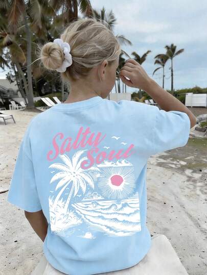 This Casual Light Blue Round Neck T-Shirt Is Designed For Older Girls, Featuring Creative Bow And Seashell Print Patterns, Very Suitable For Girls To Wear.