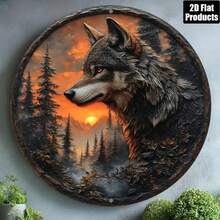 Vintage Wolf Head Aluminum Wall Art, 8 Inch Rustic Round Metal Plaque Decor For Home Living Room - 彩色 - 查看 2
