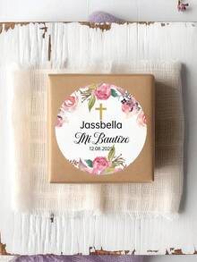 Pegatinas personalizadas redondas para recuerdos de la Primera Comunión o Bautizo - Pegatinas de Comunión con flores rosas. Pegatinas personalizadas de Bautizo, pegatinas personalizadas, pegatinas redondas de recuerdo de Bautizo con cruz - Multicolor - Ver 3