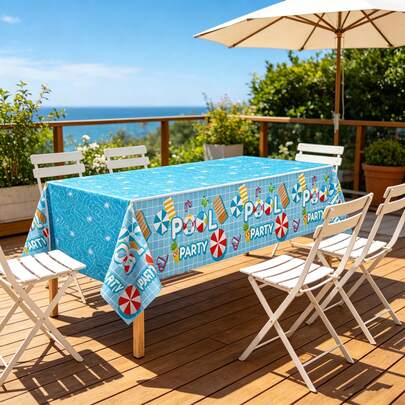 1 pieza/3 piezas Mantel desechable de plástico con tema de fiesta en la piscina azul, rectangular de 137*274cm, adecuado para decoración de eventos con temas de cumpleaños, playa y campamento