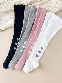 4 piezas Mallas/Medias ajustadas con estampado de corazón para niñas, aptas para uso diario en todas las estaciones - Multicolor - Ver 5