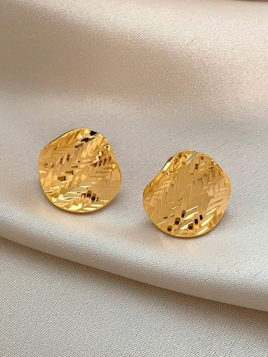 1 Pair Elegant Textured Gold Geometric Circle Minimalist Earrings, Suitable For Women's Daily, Commute, Festivals And Parties - Yellow Gold - View 1