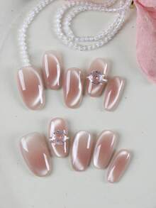 10pcs Press On Nails Nails Press On Nail Supplies Pink Powder Blusher Cat's Eye Flash Diamond Fake Nails Short Office DailyWear False Nails Artificial Nails Kit Includes 1sheet Adhesive Tabs &1 Pc Mini File - Multicolor - View 1