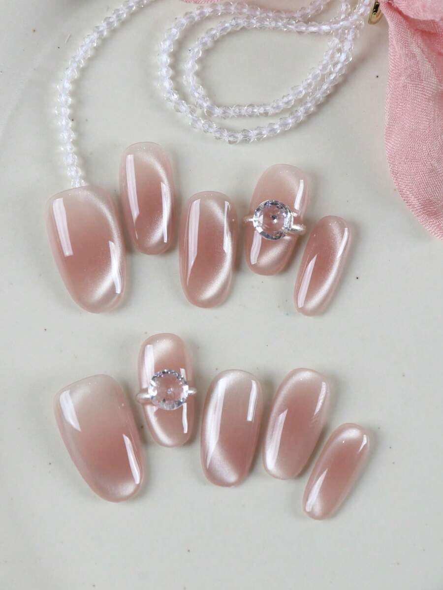 10pcs Press On Nails Nails Press On Nail Supplies Pink Powder Blusher Cat's Eye Flash Diamond Fake Nails Short Office DailyWear False Nails Artificial Nails Kit Includes 1sheet Adhesive Tabs &1 Pc Mini File - Multicolor - View 1