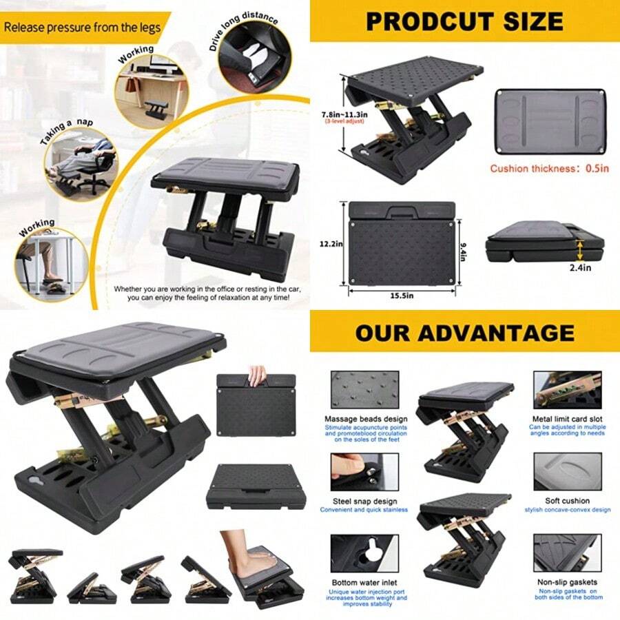 Reposapiés ajustable debajo del computadora taburete ergonómico de oficina con masaje reposapiés para computadora diseño antideslizante para el hogar y el trabajo mejora la postura PB-gris - Sin Rodillos Gris - Ver 1