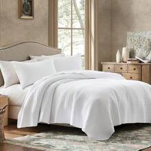 King Size Quilt Set - 100% Cotton, White Striped Pick Stitch, Soft Lightweight Bedspread, Linen-Like Texture, Farmhouse Rustic Coverlet, Shabby Chic Gauze Bedding, 3 Pieces - White - View 5