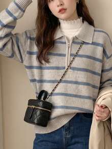 JIANHU Suéter de punto tipo polo a rayas gris claro y azul - Suéter de cuello alto con cremallera para otoño/invierno con cuello acanalado y costuras en contraste, adecuado para mercados navideños y ocasiones de negocios casuales - Gris Claro - Ver 2
