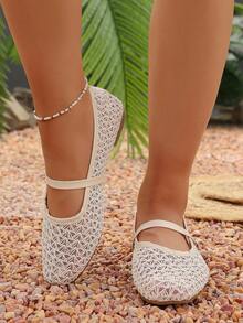 Nuevos zapatos planos de mujer de moda casual con contraste de malla tejida, con hebilla deslizante, color beige, adecuados para el uso diario, citas, vacaciones (patrón irregular) - Beis - Ver 5