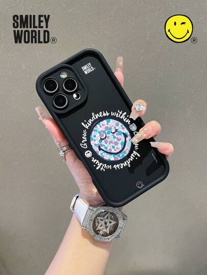 Smiley World 1 pieza Funda de teléfono inteligente de material TPU de alta calidad con absorción de impactos y cobertura total, con estampado de cara sonriente, puntos y letras, impresión UV, compatible con iPhone 17, 16, 15, 14, 13, 12, 11 Pro Max, adecuado para regalos de vacaciones, transporte, diseño antideslizante de alta calidad